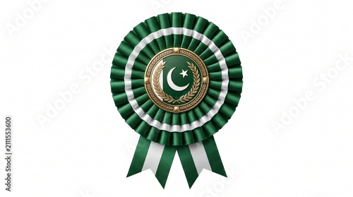 green white crescent star rosette medal award prize honor recognition achievement celebration national independence day march fourteenth patriotic symbol identity emblem gold