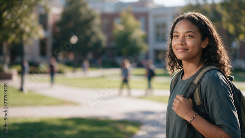 importance of education and training for youth, a portrait of a Dominican-American woman against a university campus, a Hispanic Heritage Day concept with space for text