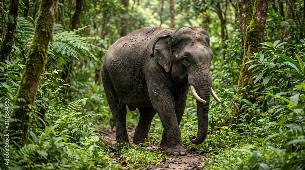 Fototapeta premium Elephant walking through lush jungle scene. Majestic wildlife in natural habitat, tropical rainforest environment, wildlife conservation concept.