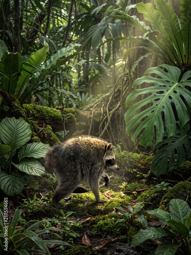 Fluffy Raccoon with Curved Back in the jungle , Viral racoon walking through a lush tropical rainforest jungle Funny Raccoon