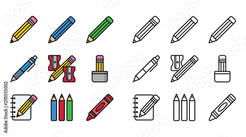 фотографія Collection Of Colored Pencils And Writing Utensils Flat Vector Icons