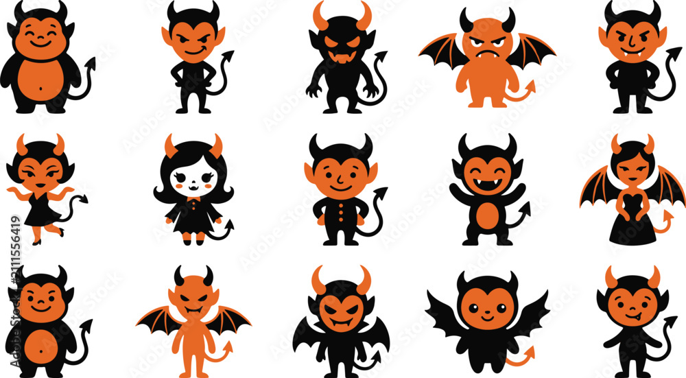 Fototapeta premium Set of cute cartoon devil characters for halloween celebration featuring various expressions and poses on white background