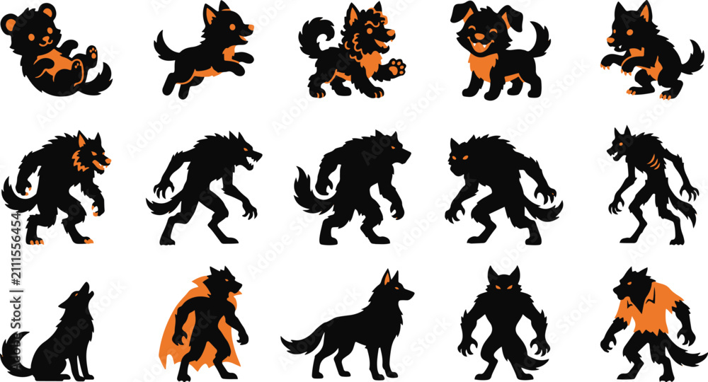 Naklejka premium Collection of werewolf character illustrations for halloween projects featuring various poses and dark fantasy creature designs