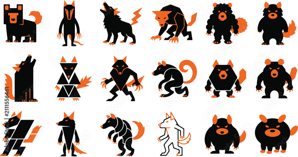 Fototapeta premium Collection of scary werewolf monster characters for halloween party decorations and spooky graphic design projects