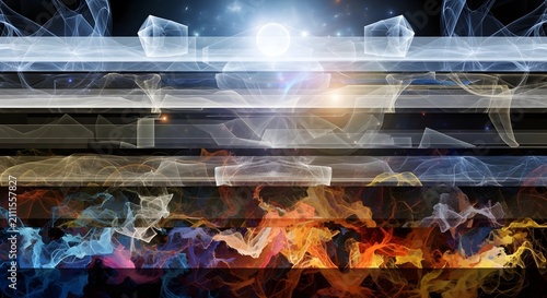 Abstract digital landscape with contrasting elements of light, smoke, and fire, representing energy, technology, and dynamic interaction in a futuristic design.