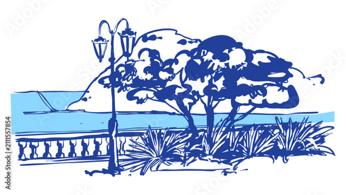 Hand draw city park landscape sketch in blue ink vector.