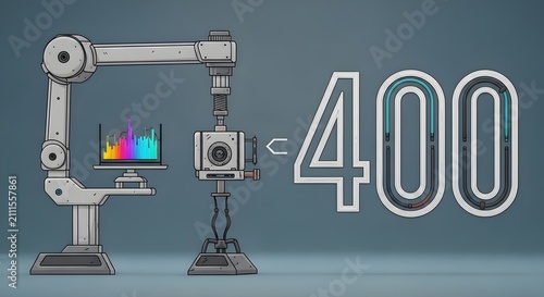 Industrial robotic arm with a display showing sound waves, connected to a camera and a '400' score, illustrating modern automation and digital technology.