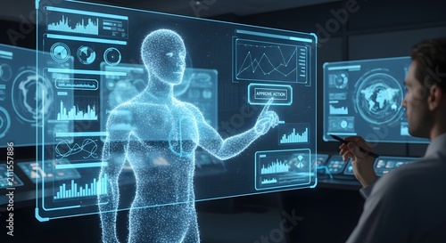 Doctor interacting with futuristic holographic medical display showing human anatomy and data analytics