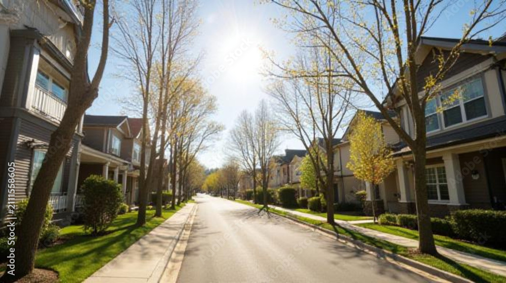 Fototapeta premium Residential street with houses and trees. AI-generated.