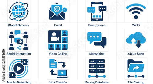 Bild auf Leinwand Digital Communication and Technology Icon Collection Featuring Messaging, Cloud,