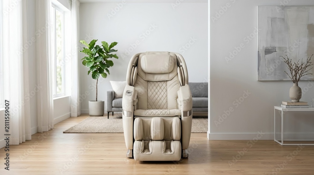 Obraz premium Modern cream massage chair in a bright, minimalist living room, perfect for home wellness and interior design marketing