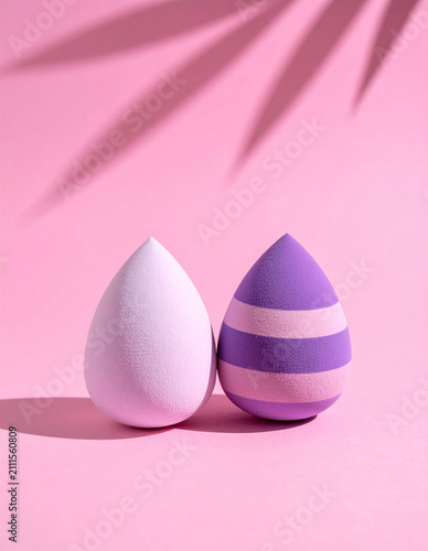 Two pink and purple makeup sponges on a soft pink background with leaf shadows