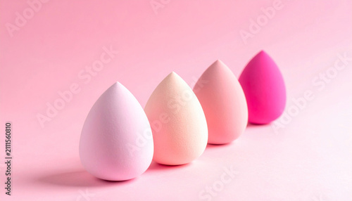 Set of four makeup beauty sponges in gradient shades of pink on a soft pink background