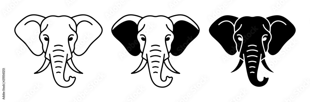 Fototapeta premium Elephant Head Icons: Outline, Filled, Silhouette Vector Set
