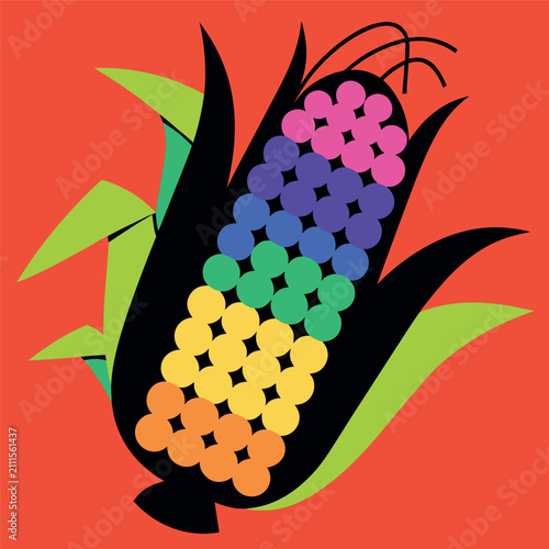 Colorful rainbow corn cob vector illustration with green husk leaves, flat design, bold black background, clean geometric kernels