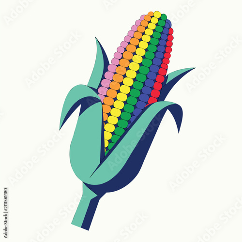 Colorful rainbow corn cob vector illustration with green husk leaves, flat design, bold black background, clean geometric kernels