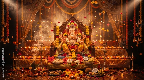 Elegant Ganesh Chaturthi festival setup with dramatic golden lighting