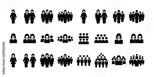 Set of black business woman icons showing group of people and female team members in various formations and quantities
