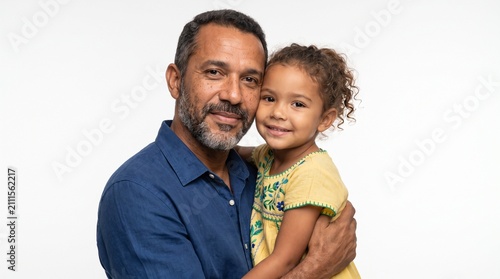 Independência do brasil Loving father embraces his happy daughter with curly hair against a white background