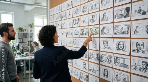 A professional creative team collaborates in an office environment while reviewing various hand drawn sketches pinned onto a large cork board to refine their cinematic project for future