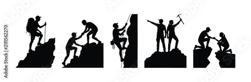 Set of black silhouettes showing mountain climbers hiking reaching peaks and helping each other on rocky cliffs for adventure and success concept