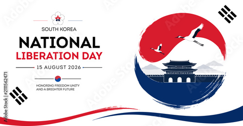 Korean National Liberation Day Illustration With Pagoda Cranes And Taegeuk Symbol