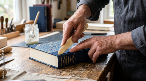 Bookbinder hands casing in handcrafted hardcover book using bone folder tool on spine in traditional bindery workshop closeup
