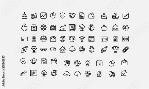 Asset management icons set representing asset tracking, investment, portfolio, maintenance, financial planning vector illustration