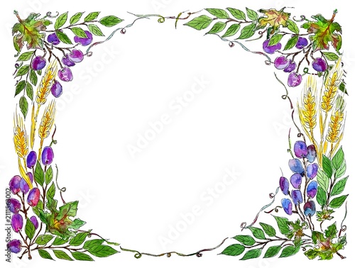 Frame with grape and wheat, watercolor illustration