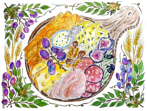 Cheese and meat platter with grape, watercolor illustration