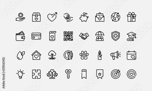 Donation related icon collections. Containing charity, giving, heart, hand, box, help, fund, support vector illustration