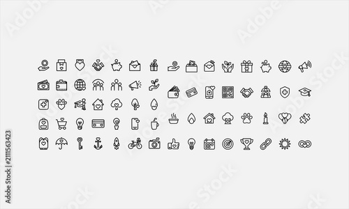 Donation related icon collections. Containing charity, giving, heart, hand, box, help, fund, support vector illustration