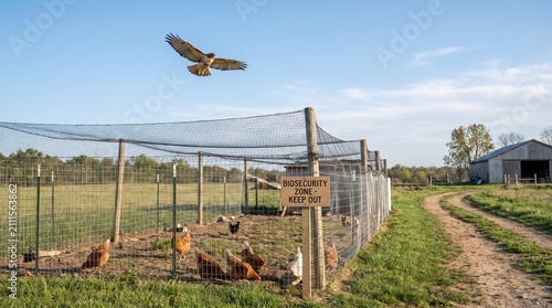Hawk flying above protected free range chicken enclosure