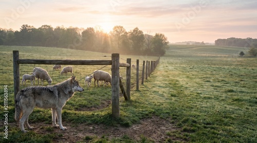 Wolf standing outside fenced sheep pasture at sunrise