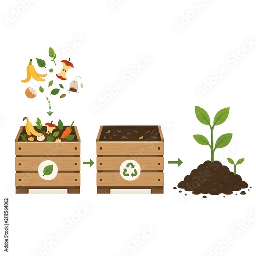 Composting process vector illustration: organic food waste turning into nutrient-rich soil and growing plants in wooden bins
