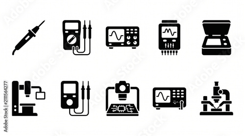 Set of electronic measurement and repair icons featuring a soldering iron multimeter oscilloscope and laboratory equipment in solid black silhouette style