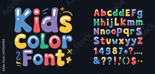Kids color font alphabet set with rounded bubble letters numbers and punctuation marks in bright primary colors on a dark background for projects