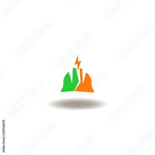 Vector illustration of broken hard hat with attention lightning. Symbol of accident insurance. Icon of worker health protection. Sign of protective equipment.