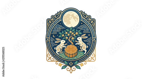Modern Stylish of Two Rabbits Baking Mooncakes Under a Full Moon with Floral and Celestial Decorations