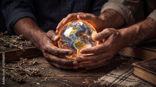 Hands holding glowing Earth globe. Diverse people protecting the planet and environment.