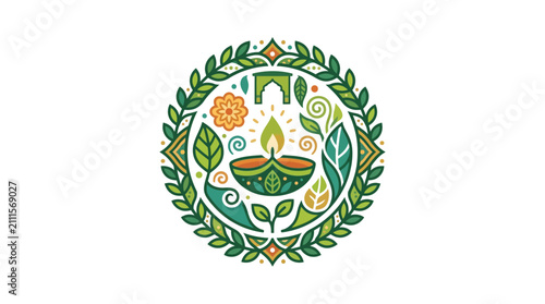 Modern Vibrant Diya Lamp with Floral and Architectural Design in Circular Wreath Border with high quality professional line art symbols for modern creative design and digital branding projects