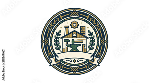 Clean Vintage Industrial Craftsmanship Emblem with Anvil Factory Gear and Laurel Wreath in Gold Green and Dark Blue