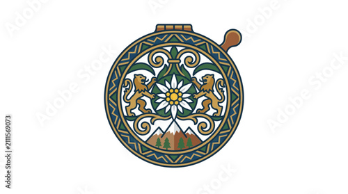 Clean Vintage Style Alpine Emblem with Edelweiss Flower Lions and Mountain Landscape in Gold Green and Blue