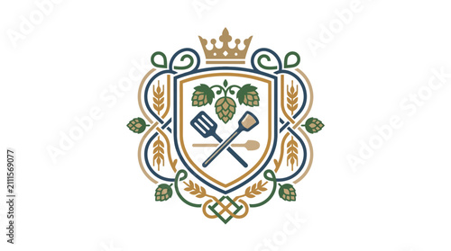 Clean Vintage Style Beer Brewing Emblem with Crossed Spoons Hops Wheat Sheaves and Crown Border Design