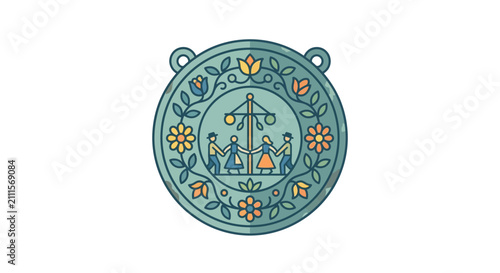 Clean Vintage Style of Folk Dance Around a Maypole with Floral Decorations and Balanced Scales Symbol