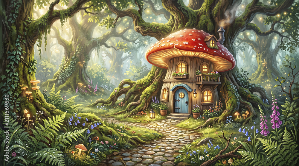 Fototapeta premium Cozy fairytale mushroom house in a magical enchanted forest with glowing light and stone path