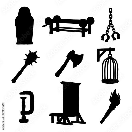Photos Set of black silhouettes of medieval torture instruments and dungeon equipment for spooky scenes