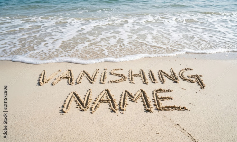 Fototapeta premium Handwritten name fading on beach sand at sunset. Personalized message disappearing in ocean waves with soft golden light
