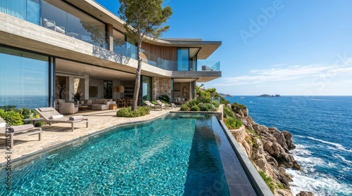 Modern luxury oceanfront villa with infinity pool overlooking the Mediterranean sea