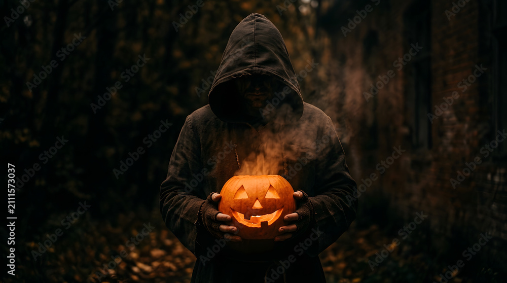 Naklejka premium Mysterious hooded figure holding a glowing and smoking carved jack-o'-lantern pumpkin outdoors at night, dark spooky Halloween concept.